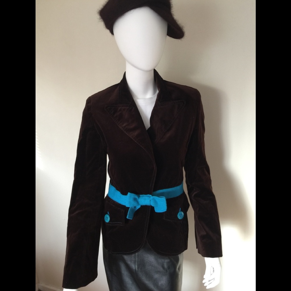 Samantha Treacy brown velvet blazer with aqua bow